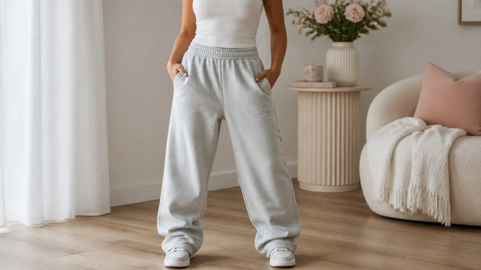 Faceless waist-up shot of a fitted white ribbed tank tucked into high-rise baggy gray sweatpants