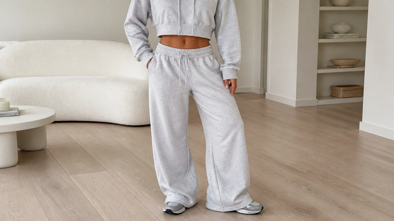 Faceless outfit with a cropped heather gray hoodie and matching baggy gray sweatpants, tonal head to toe
