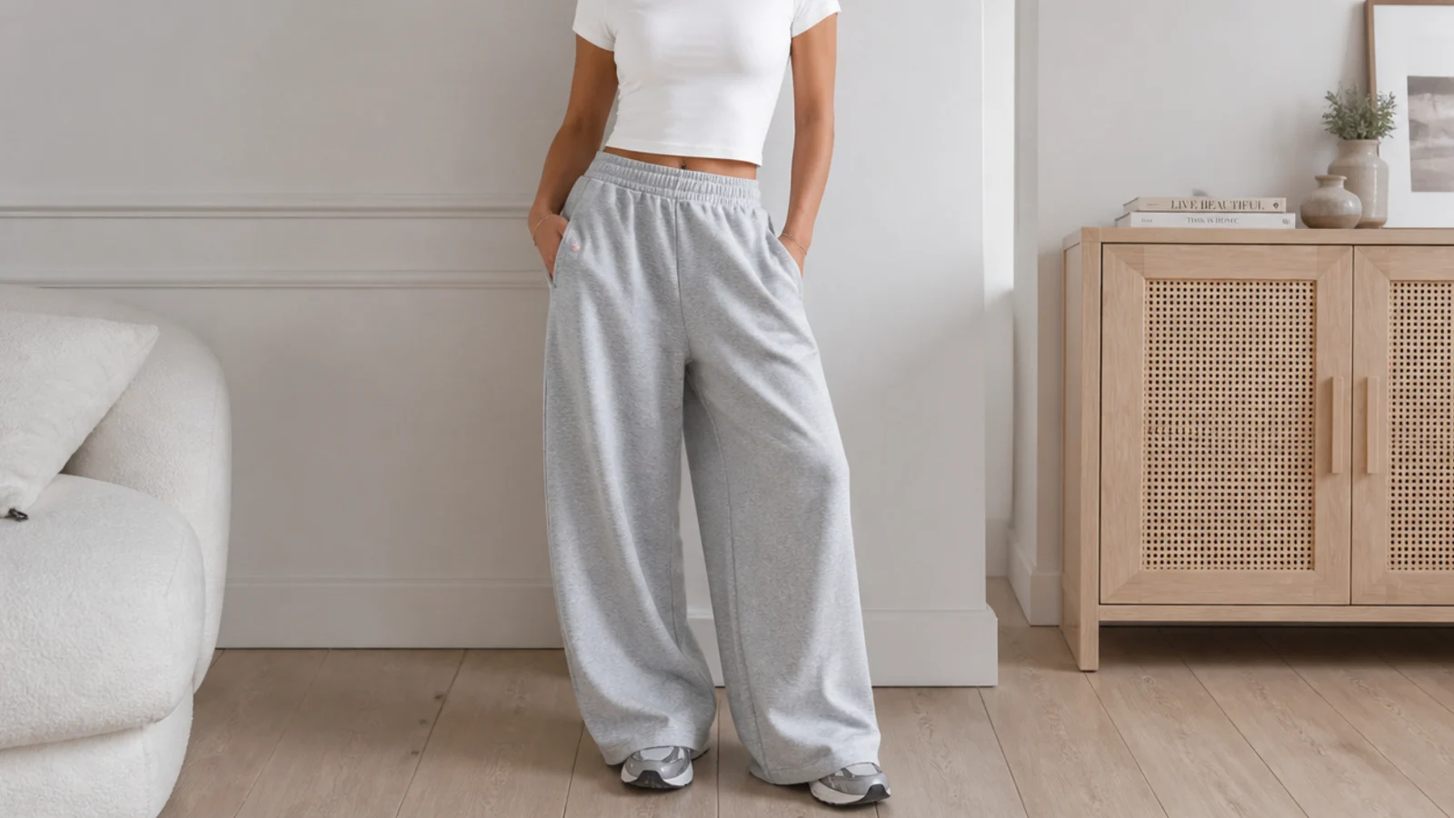 Faceless waist-up shot of a fitted white baby tee tucked into high-rise baggy gray sweatpants