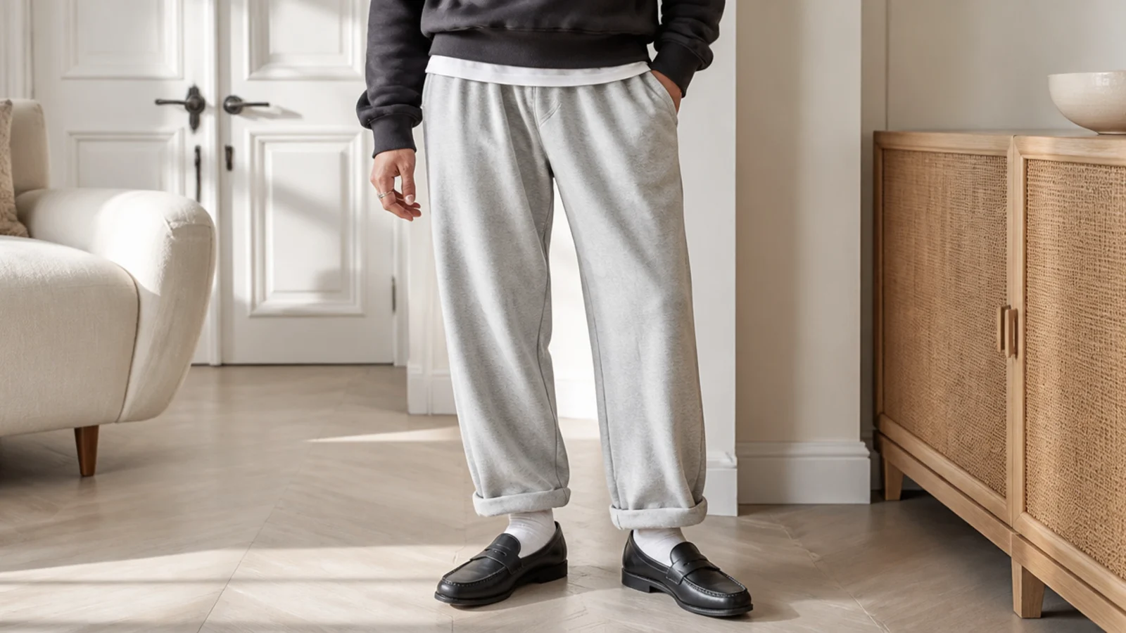Faceless waist-down shot of black penny loafers with cuffed baggy gray sweatpants and white socks