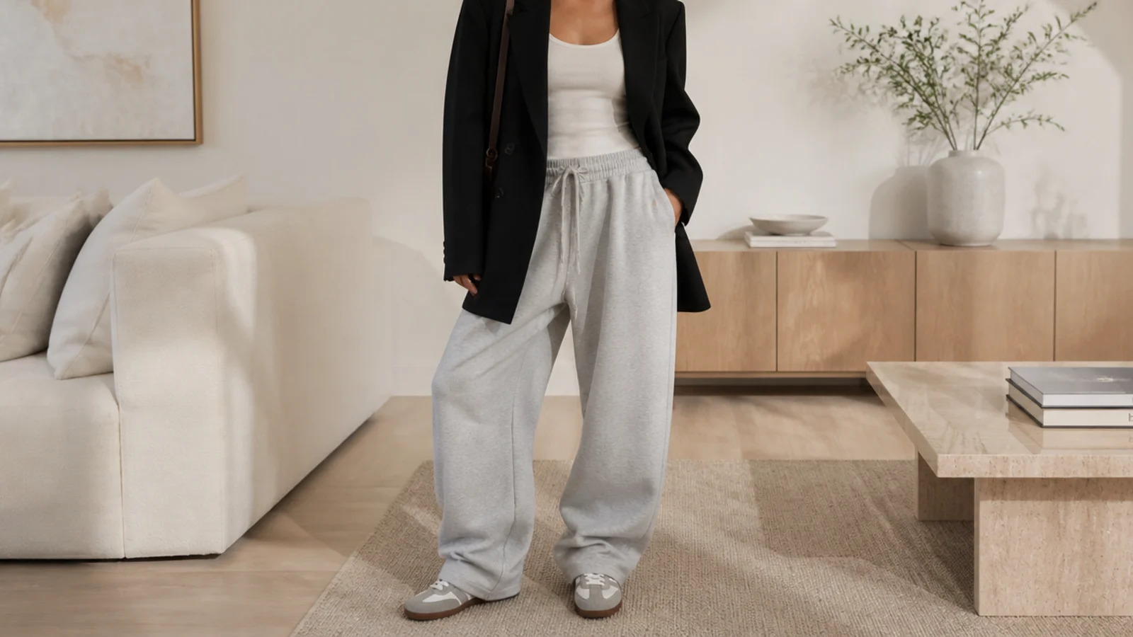 Faceless outfit with a black oversized blazer over a fitted tank and baggy gray sweatpants