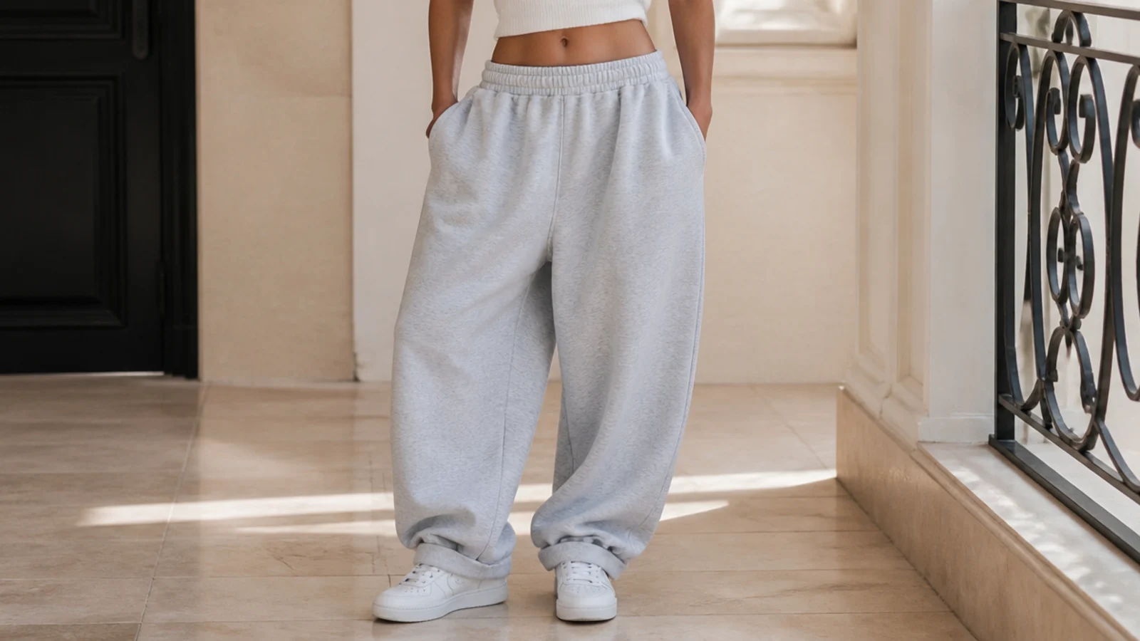 Faceless waist-down shot of low white leather sneakers with cuffed baggy gray sweatpants