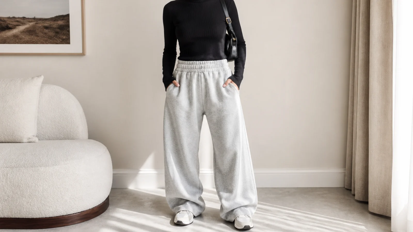 Faceless waist-up shot of a slim black ribbed turtleneck tucked into baggy gray sweatpants