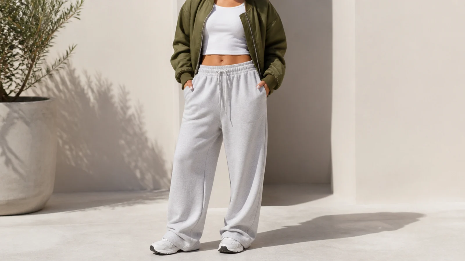 Faceless outfit with a cropped olive bomber jacket, a white tank and baggy gray sweatpants