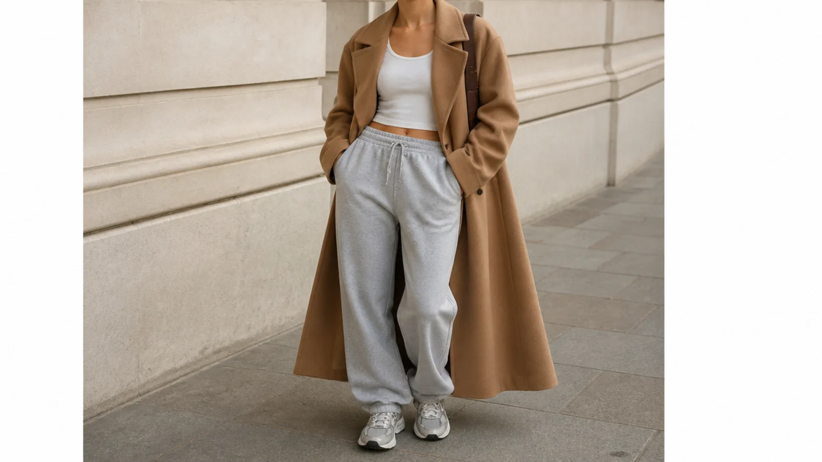 Faceless full-length shot of a camel longline wool coat over a fitted top and baggy gray sweatpants