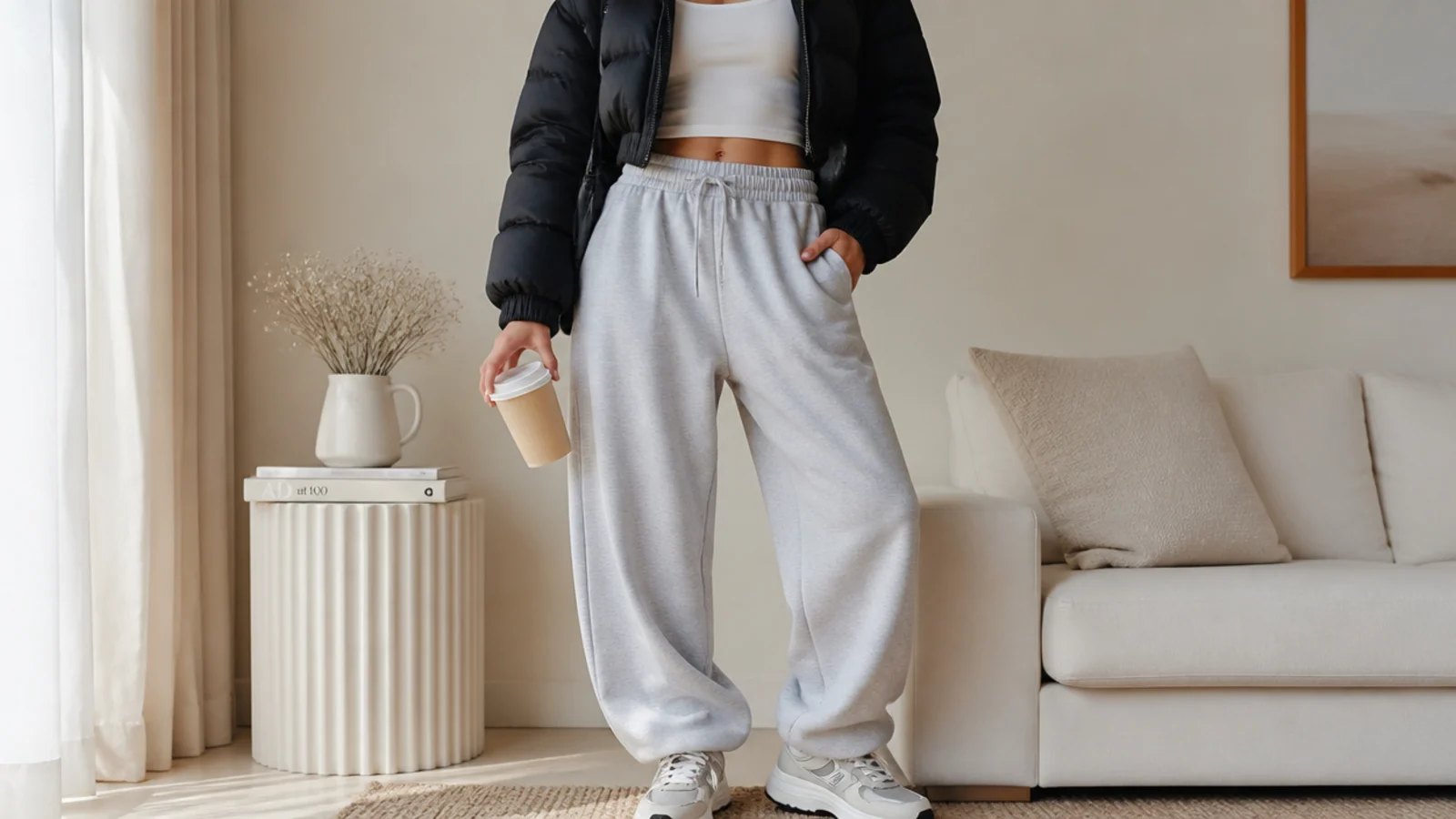 Faceless outfit with a cropped black puffer, fitted top and baggy gray sweatpants with chunky sneakers