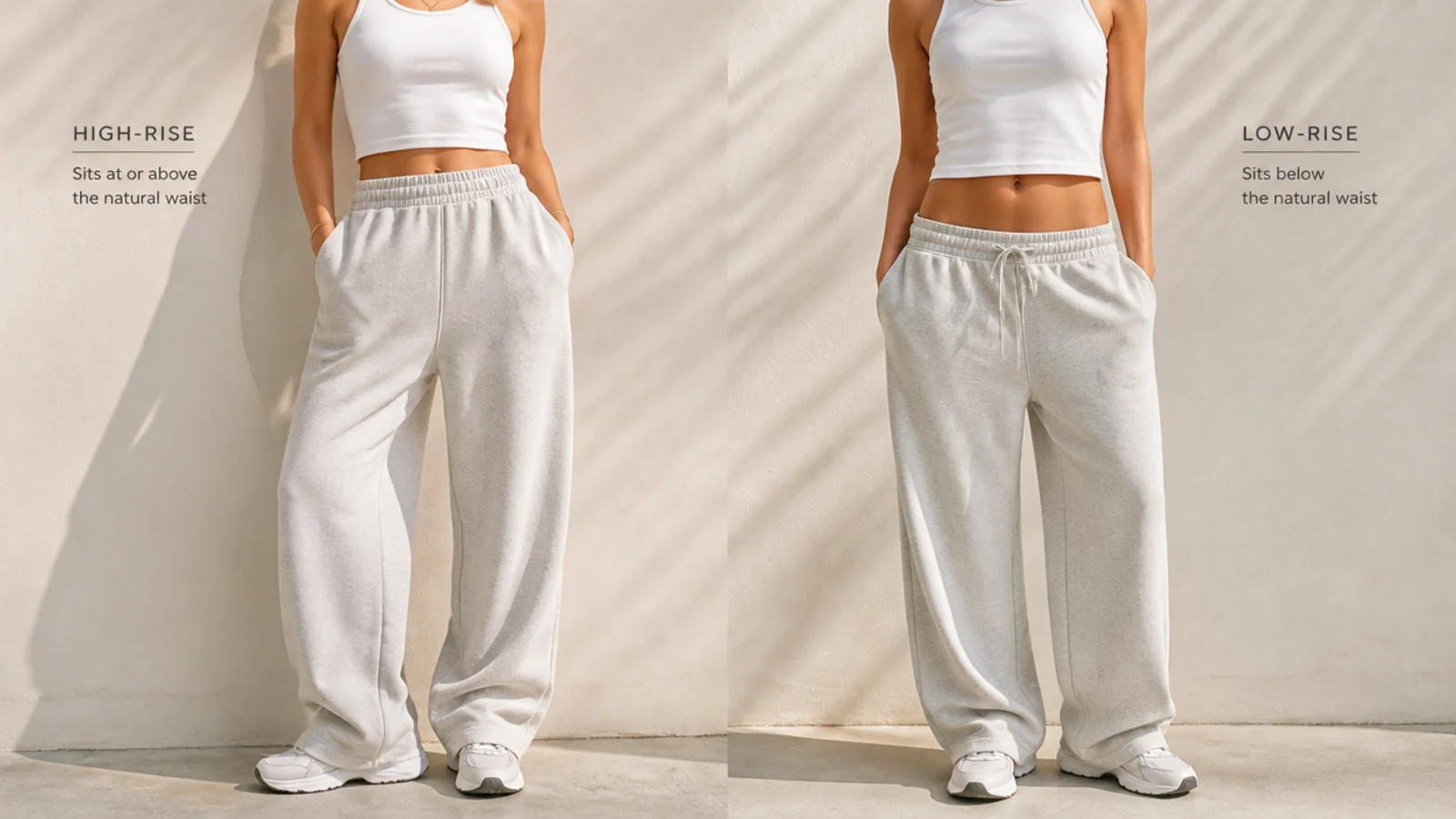 Faceless side-by-side of a high-rise baggy sweatpant and a low-rise pair on the same frame