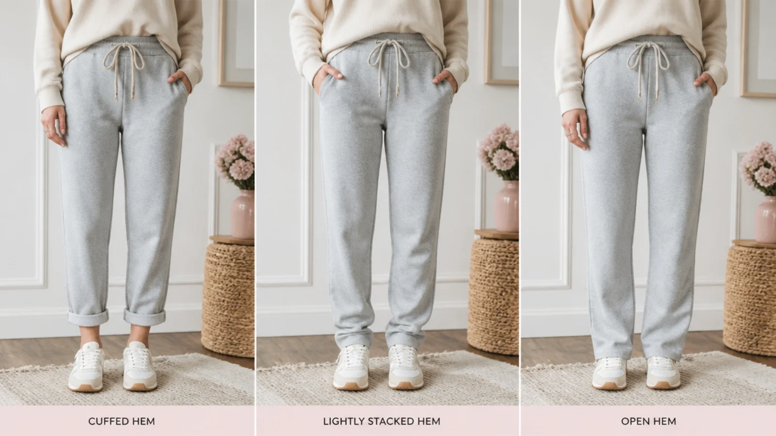 Faceless waist-down comparison of a cuffed hem, a lightly stacked hem and an open hem on gray sweatpants