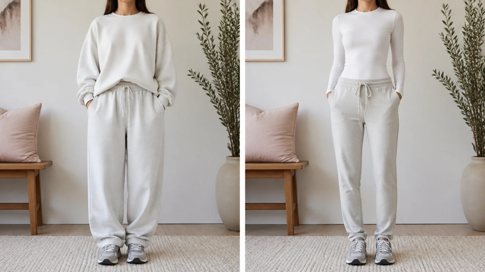 Faceless comparison of a shapeless baggy sweatpants look beside a balanced fitted-top version