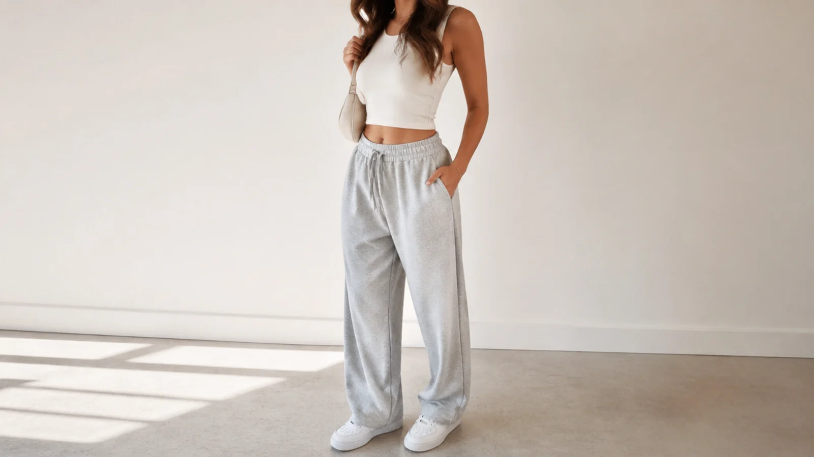 Faceless outfit with baggy gray sweatpants, a cropped fitted tank and white sneakers