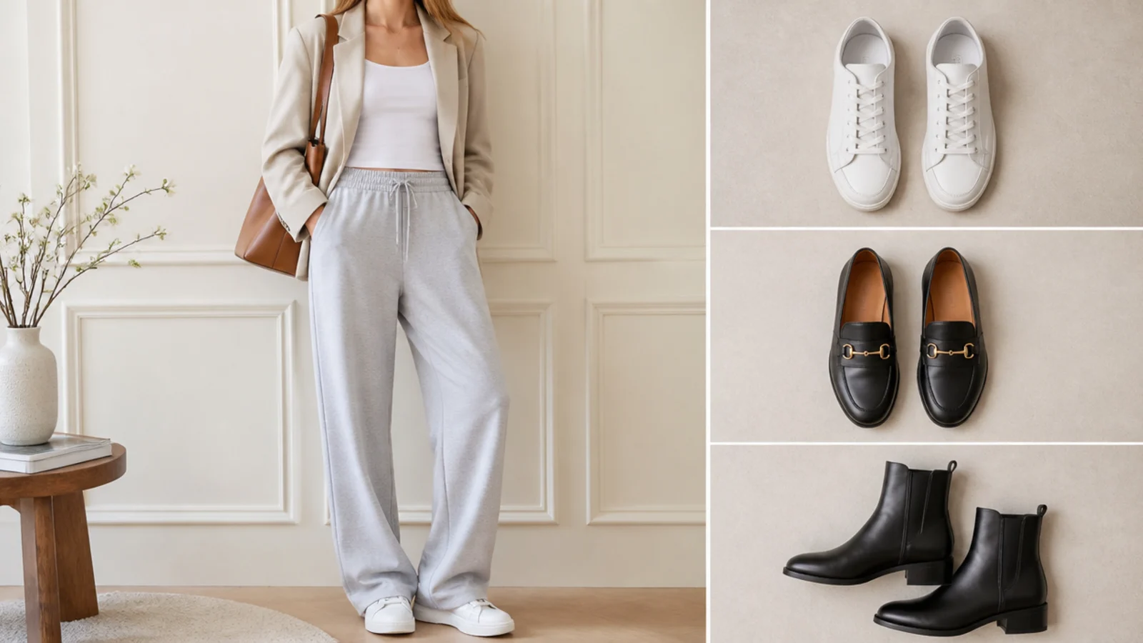 Faceless flat-lay of white low sneakers, black loafers and sleek ankle boots for gray sweatpants