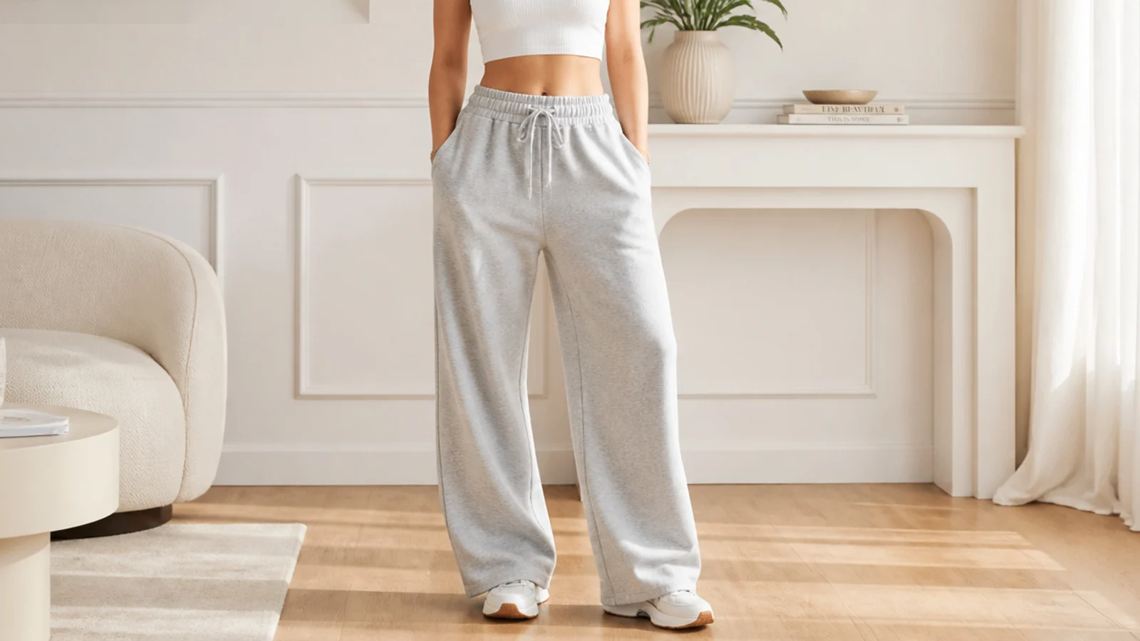 Faceless close-up of a high-rise baggy gray sweatpant waistband sitting at the natural waist