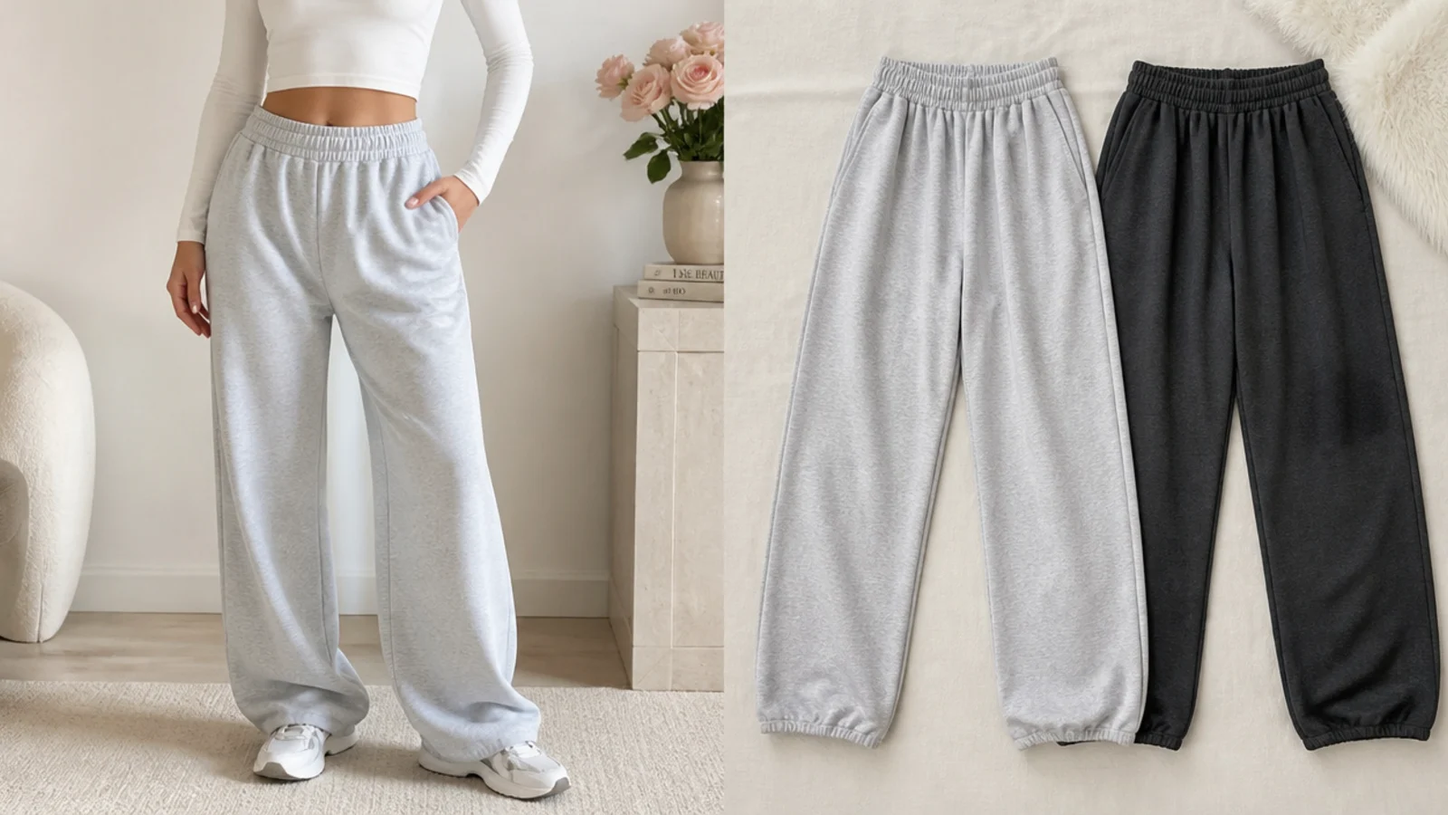 Faceless flat-lay comparing heather gray and charcoal baggy sweatpants side by side