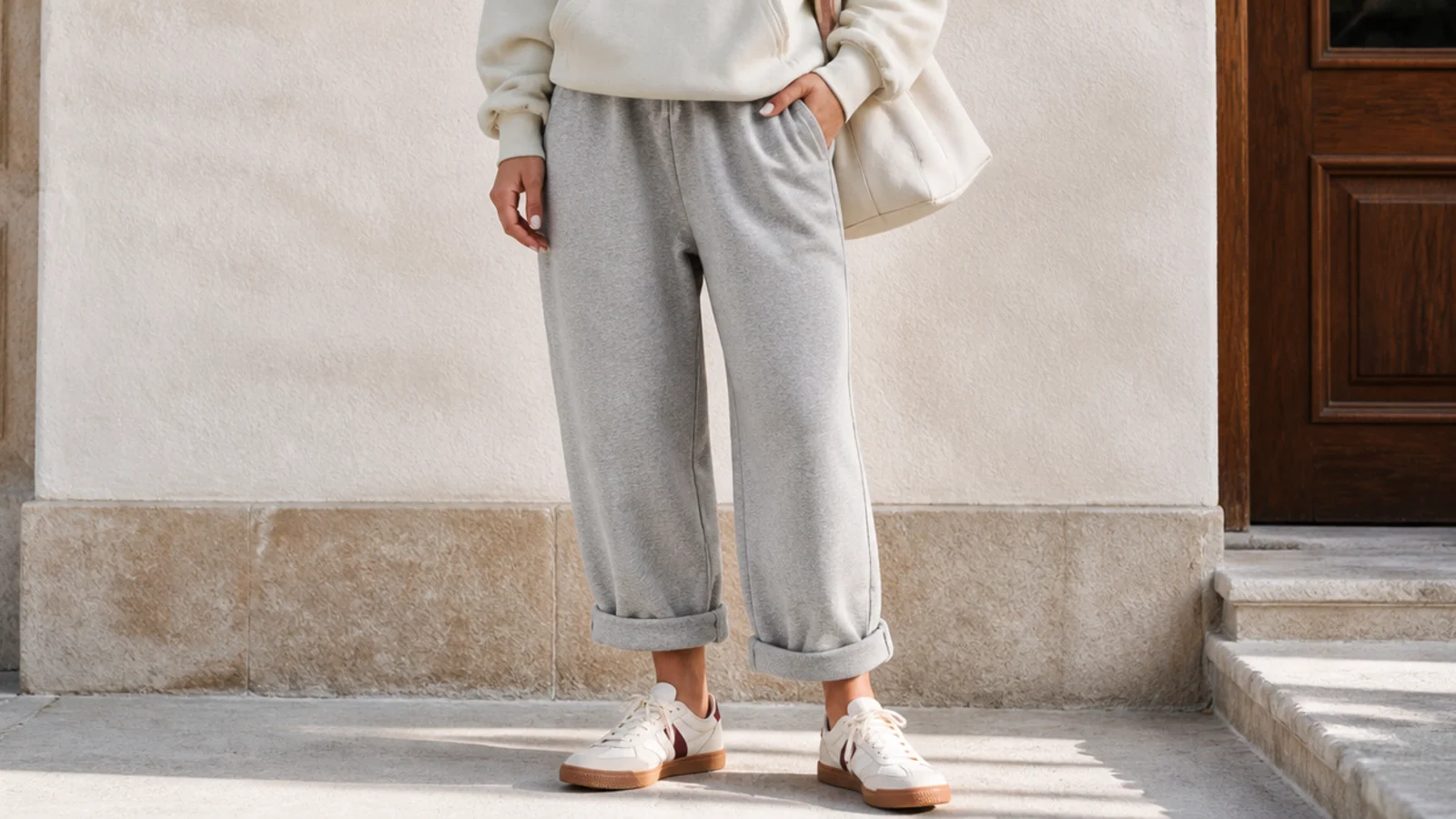 Faceless waist-down close-up of a cuffed baggy gray sweatpant hem ending at the ankle bone