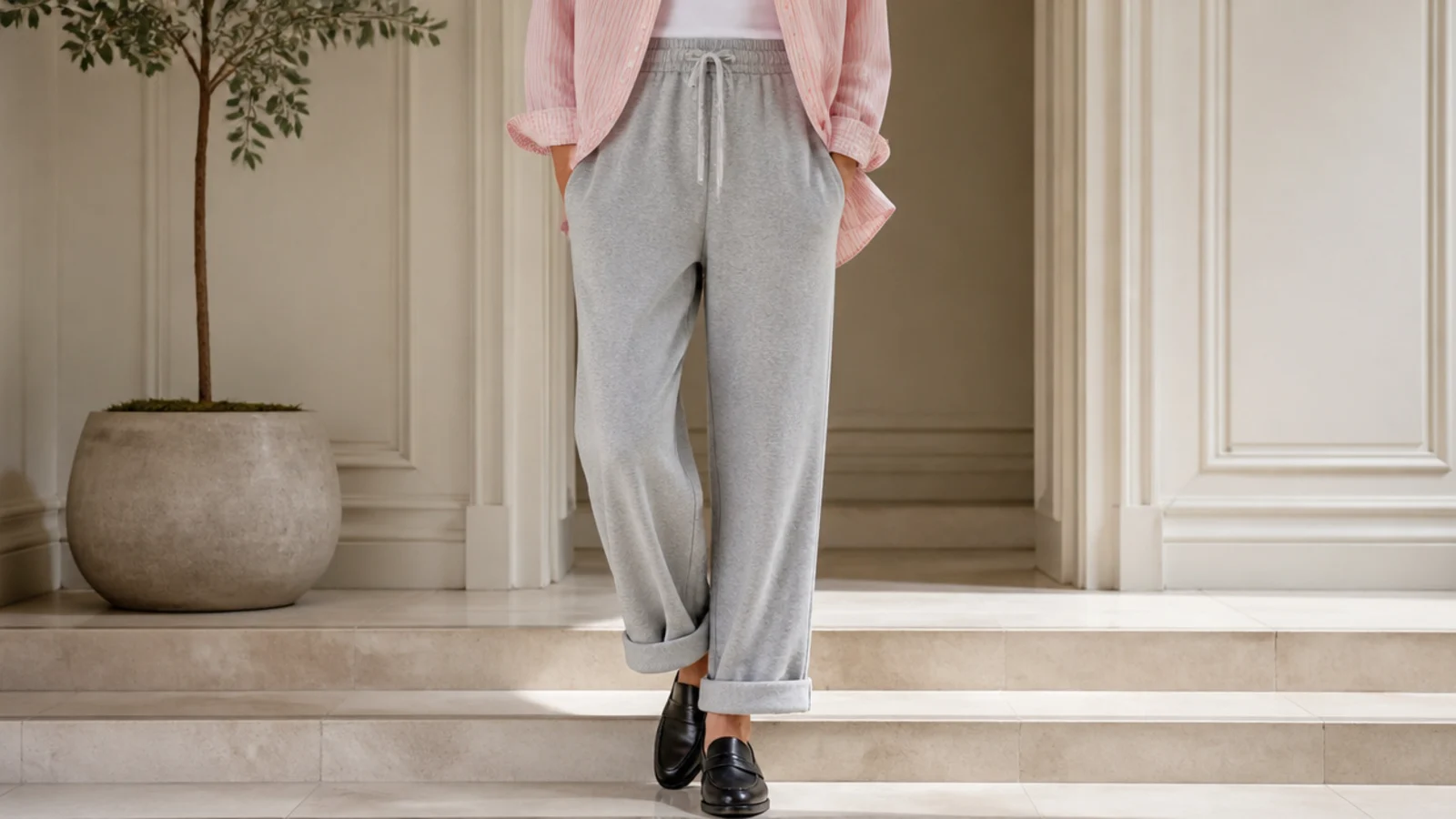 Faceless waist-down shot of black loafers with cuffed baggy gray sweatpants