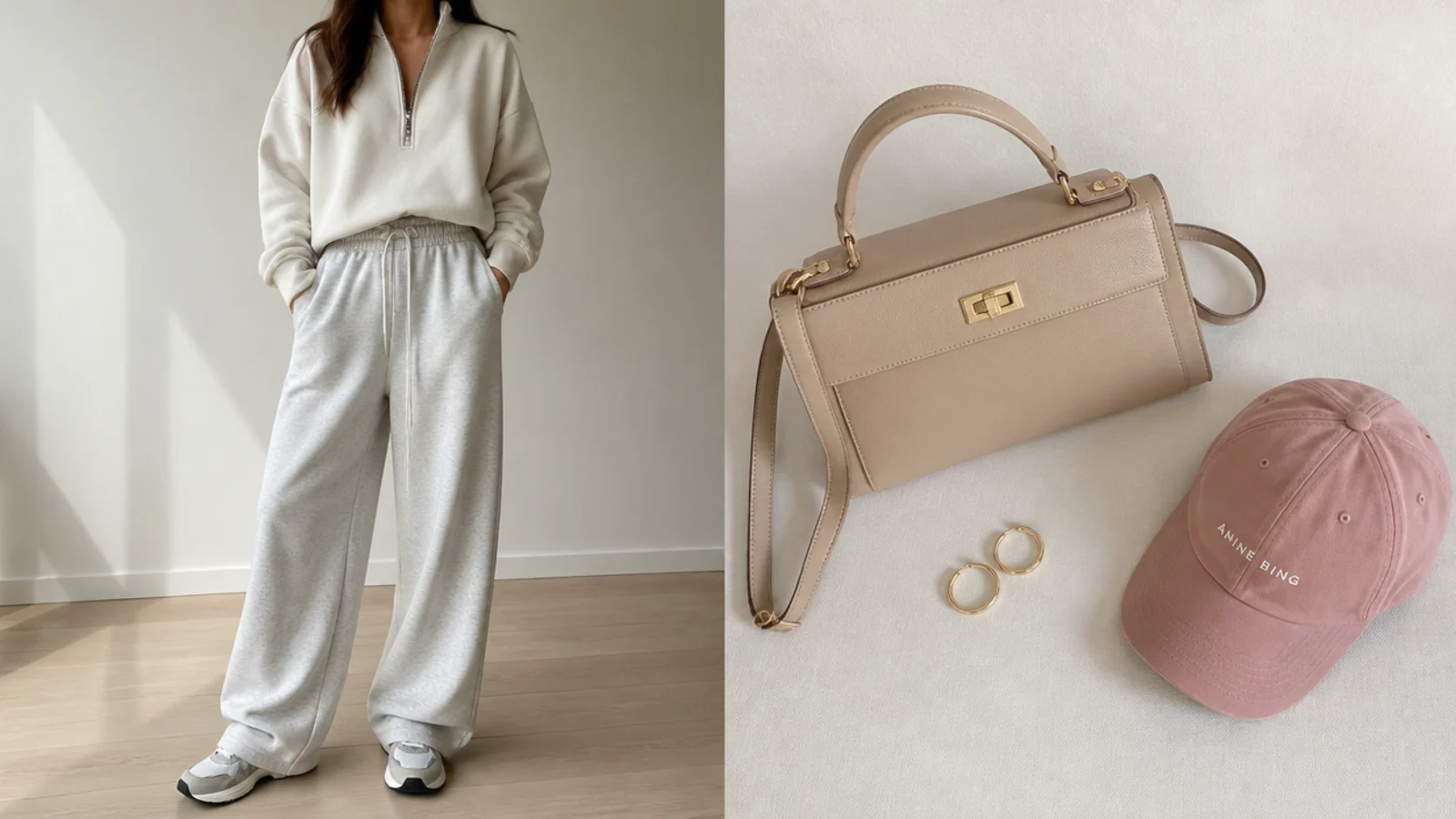 Faceless flat-lay of a structured shoulder bag, gold hoops and a cap for a gray sweatpants outfit