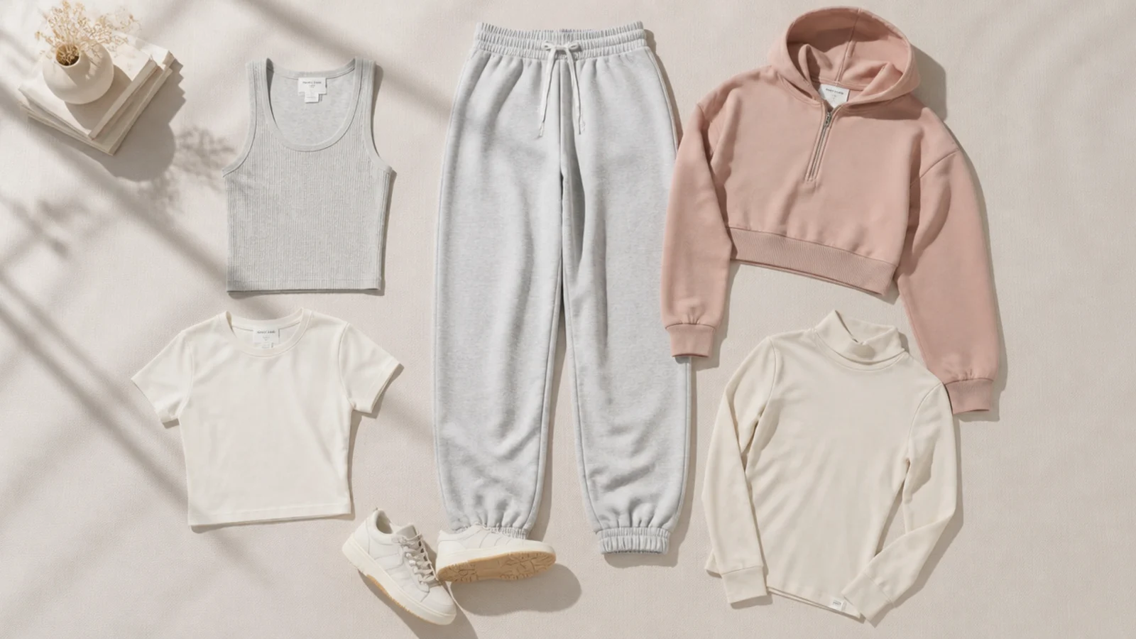 Faceless flat-lay of a ribbed tank, baby tee, cropped hoodie and slim turtleneck for gray sweatpants