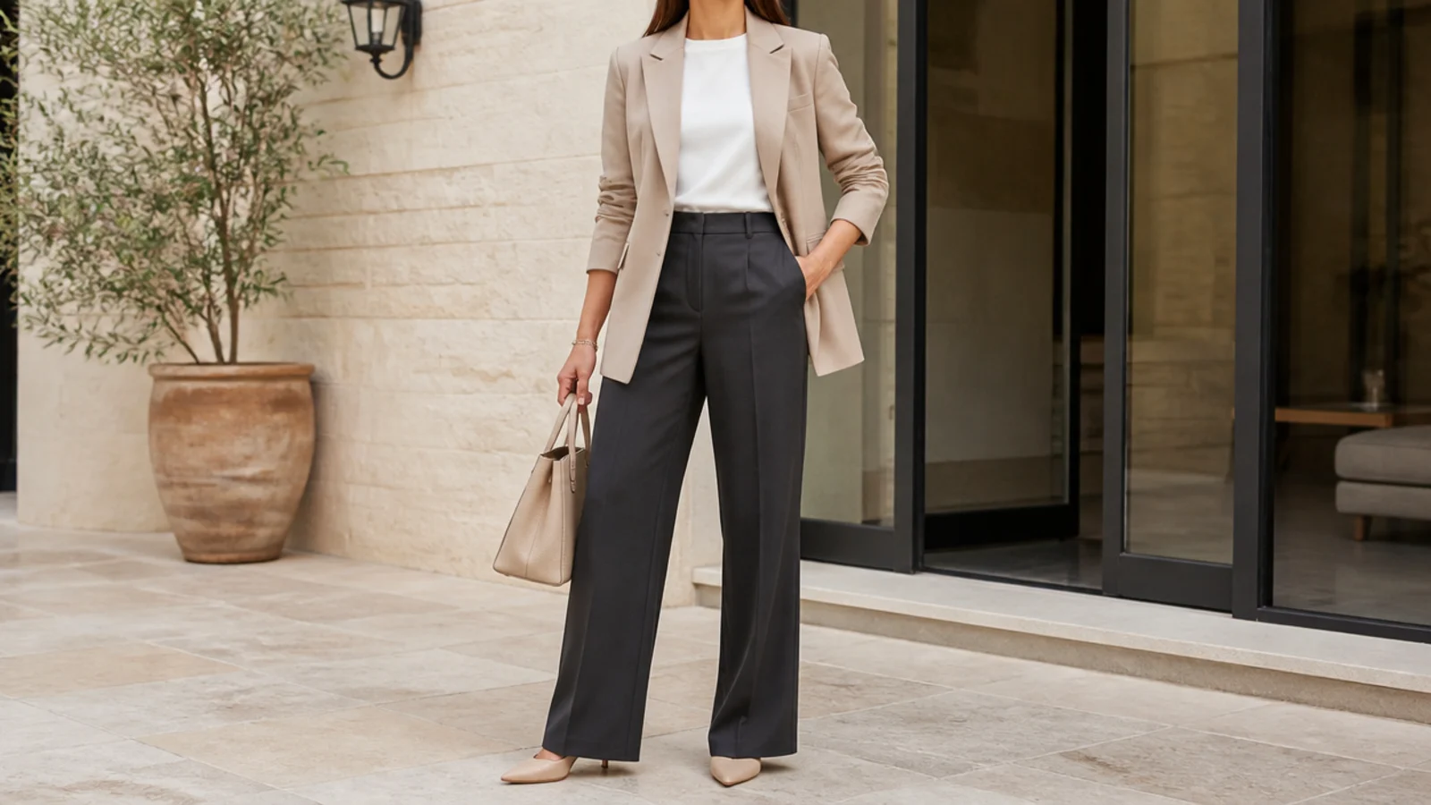 Faceless waist-up shot of a structured sand beige crepe blazer over a white shell with charcoal tailored trousers