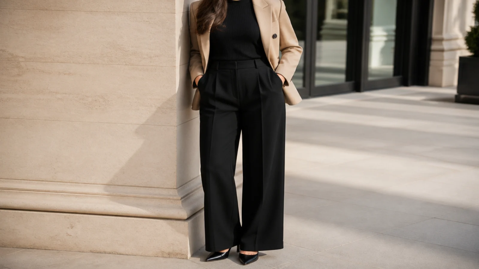 Faceless full-length shot of a camel beige blazer over a black fitted top with high-waisted black wide-leg trousers