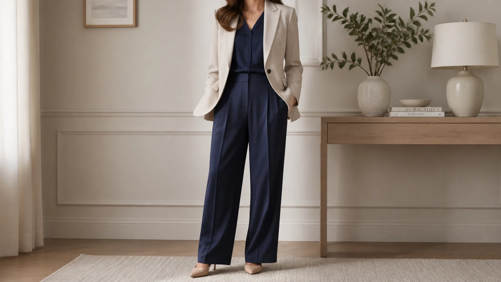 Faceless waist-up shot of a stone beige blazer over a navy shell with navy tailored trousers