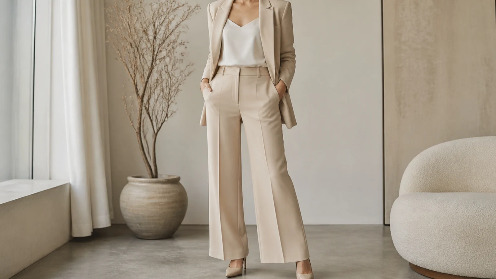 Faceless full-length shot of a monochrome sand beige trouser suit over a white silk camisole with pointed pumps