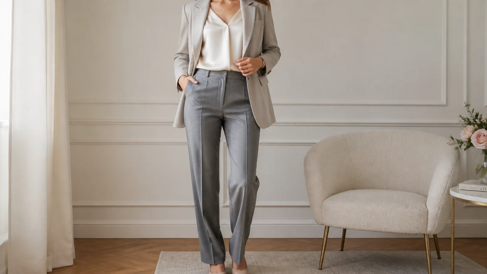 Faceless waist-up shot of a greige blazer over a champagne silk blouse with mid-gray tailored slacks