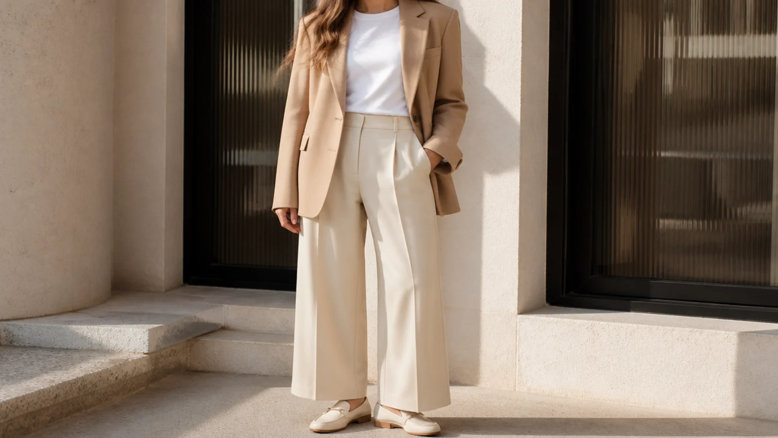 Faceless full-length shot of a camel beige blazer over a white tee with cream wide-leg trousers and loafers