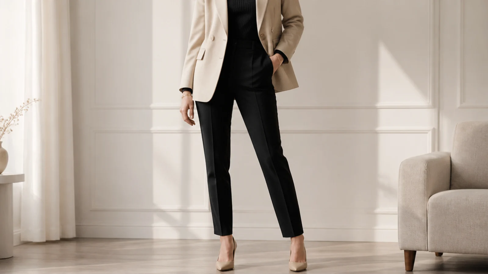Faceless waist-up shot of a sand beige blazer over a slim black turtleneck with black slim tailored pants