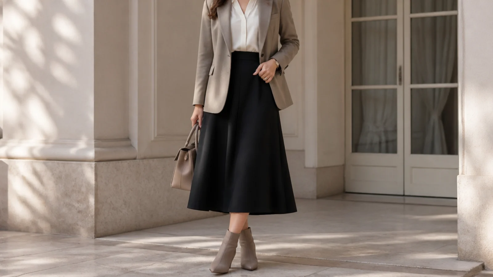 Faceless full-length shot of a taupe blazer over a white blouse with a black A-line midi skirt and ankle boots