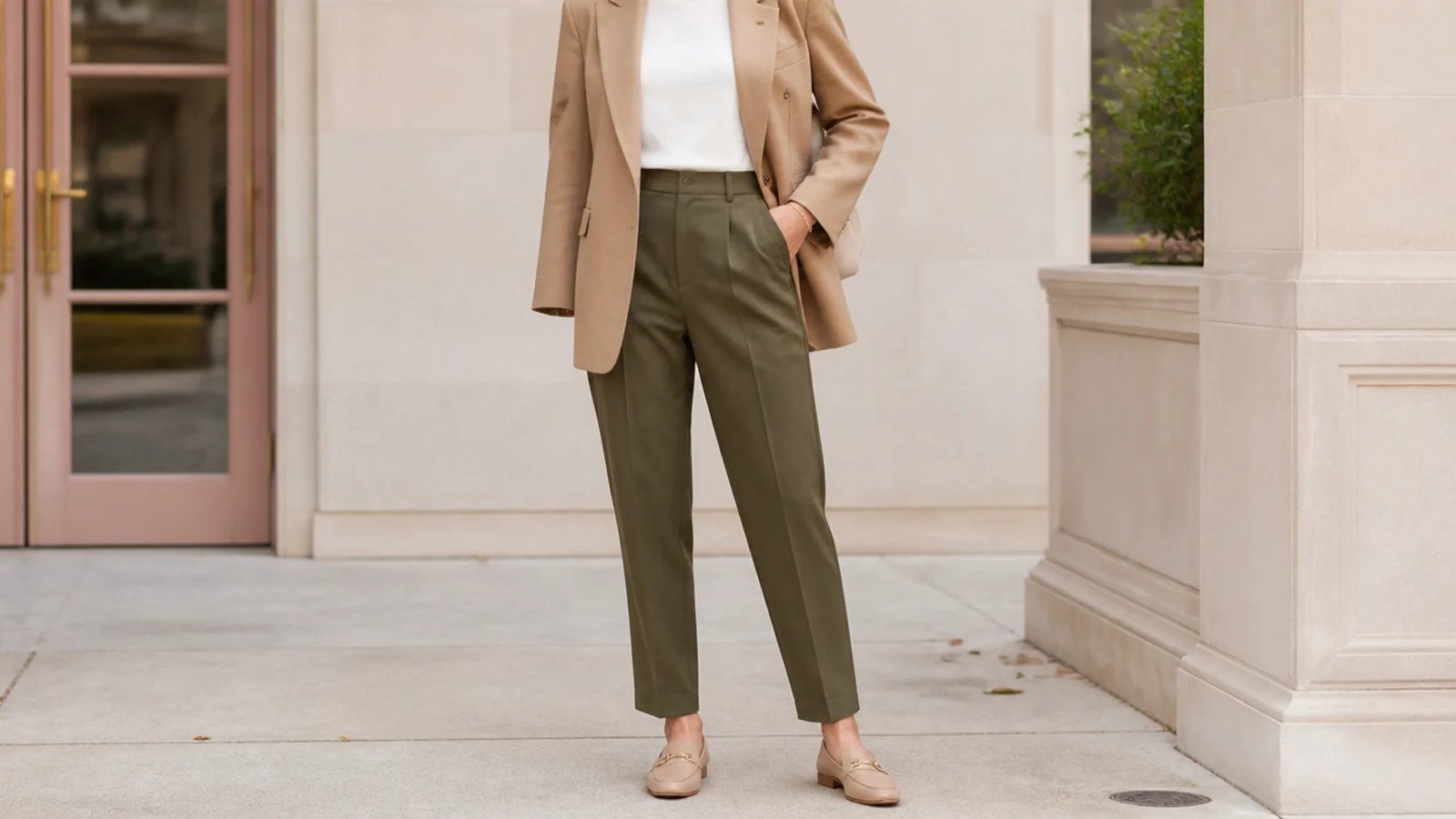 Faceless full-length shot of a camel beige blazer over a cream tee with olive tailored trousers and loafers