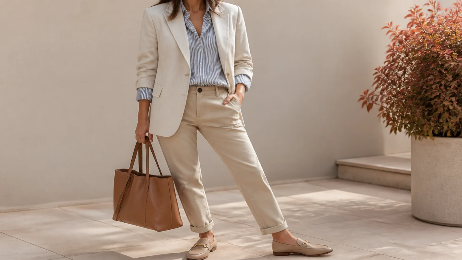 Faceless waist-up shot of an oatmeal blazer over a blue-and-white striped shirt with stone chinos