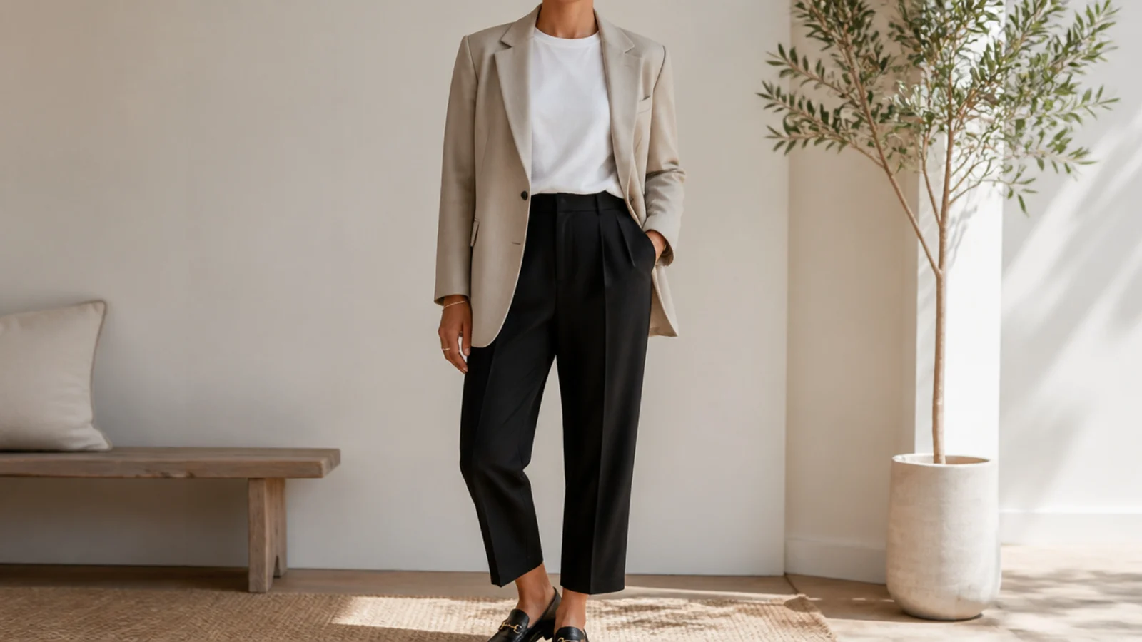 Faceless full-length shot of a sand blazer over a white tee with black cropped trousers and black loafers