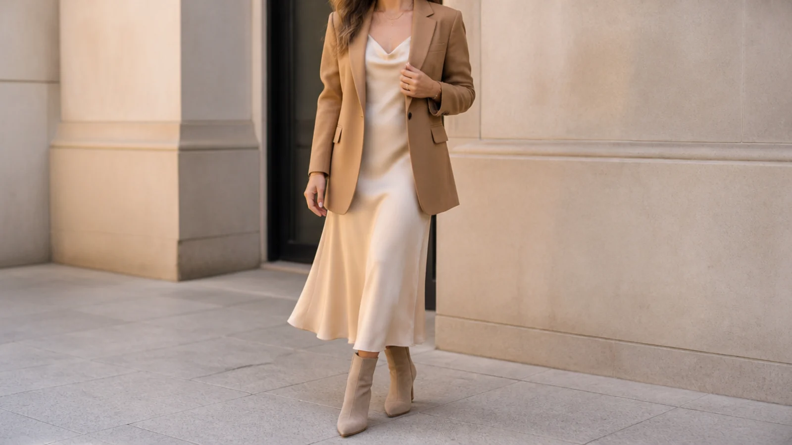 Faceless full-length shot of a camel blazer over a champagne satin slip midi dress with ankle boots