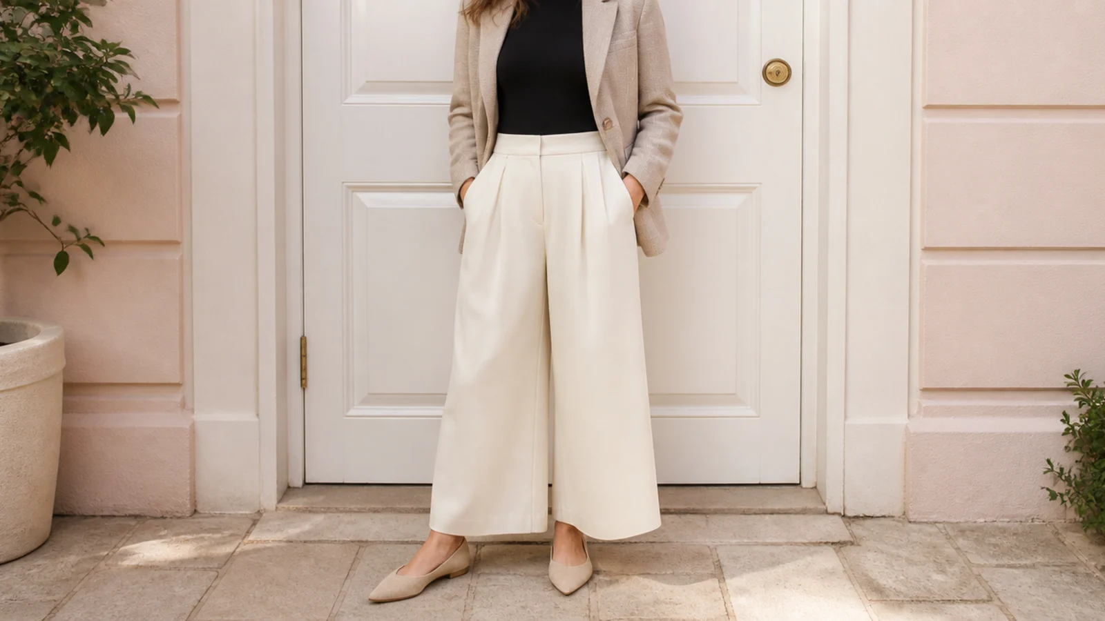 Faceless full-length shot of an oatmeal blazer over a black fitted top with cream wide-leg culottes and pointed flats