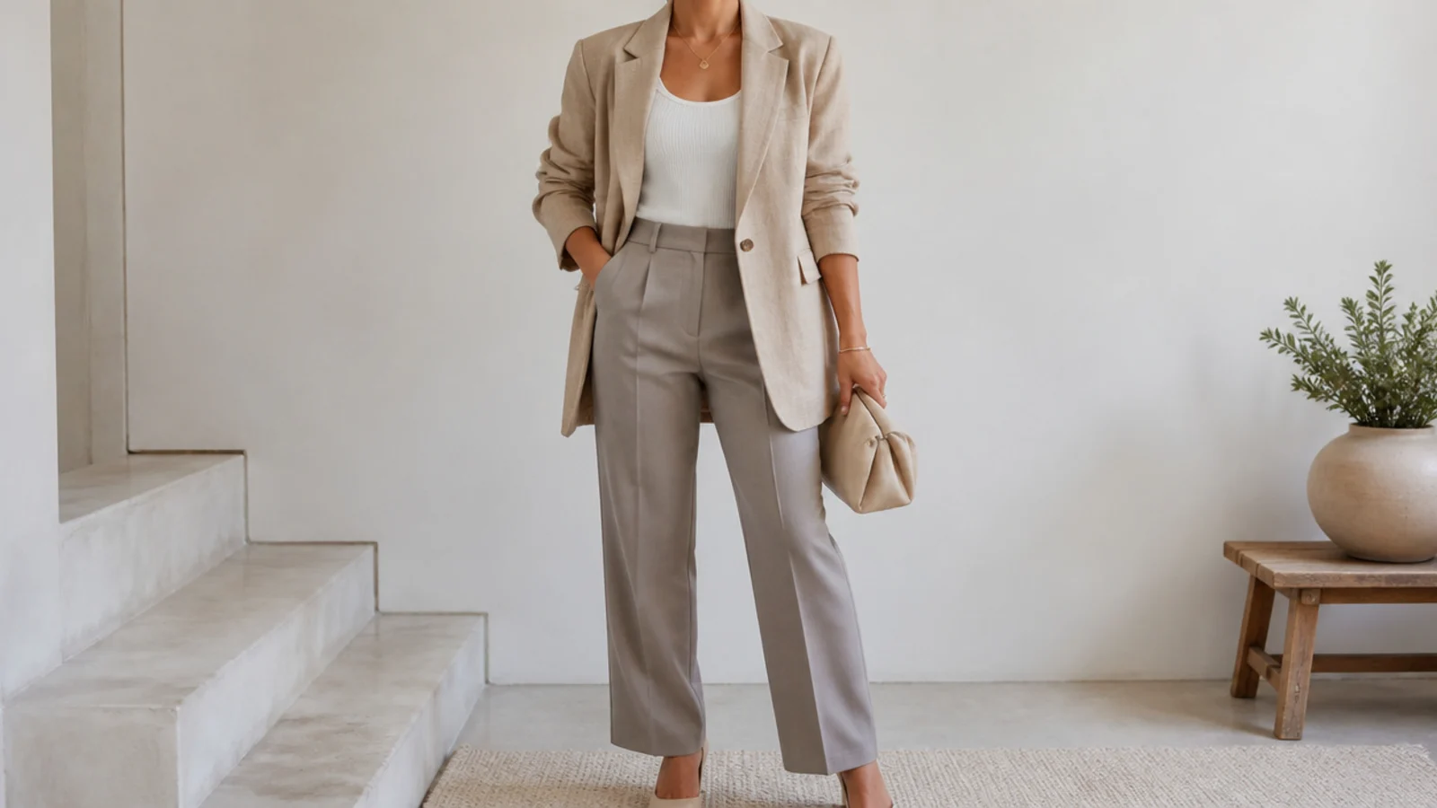 Faceless waist-up shot of a sand linen-blend blazer over a white ribbed tank with taupe tailored trousers