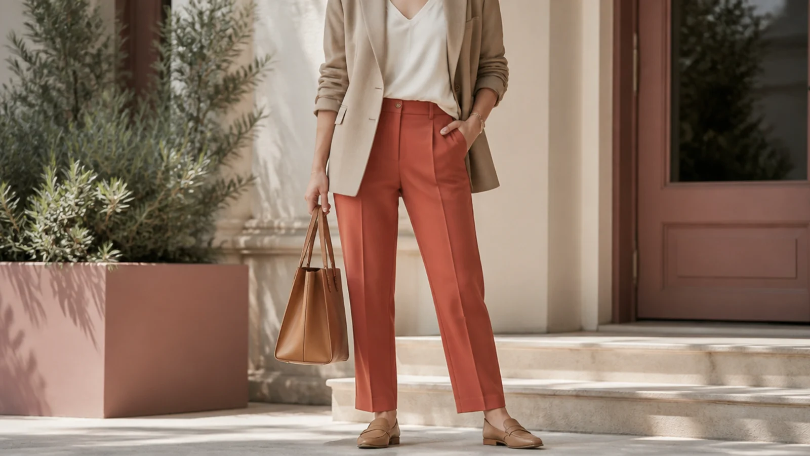 Faceless full-length shot of a sand blazer over a cream tee with terracotta tailored trousers and tan loafers