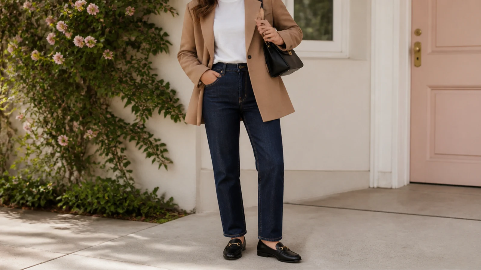 Faceless full-length shot of a camel blazer over a white tee with dark-wash straight-leg jeans and loafers