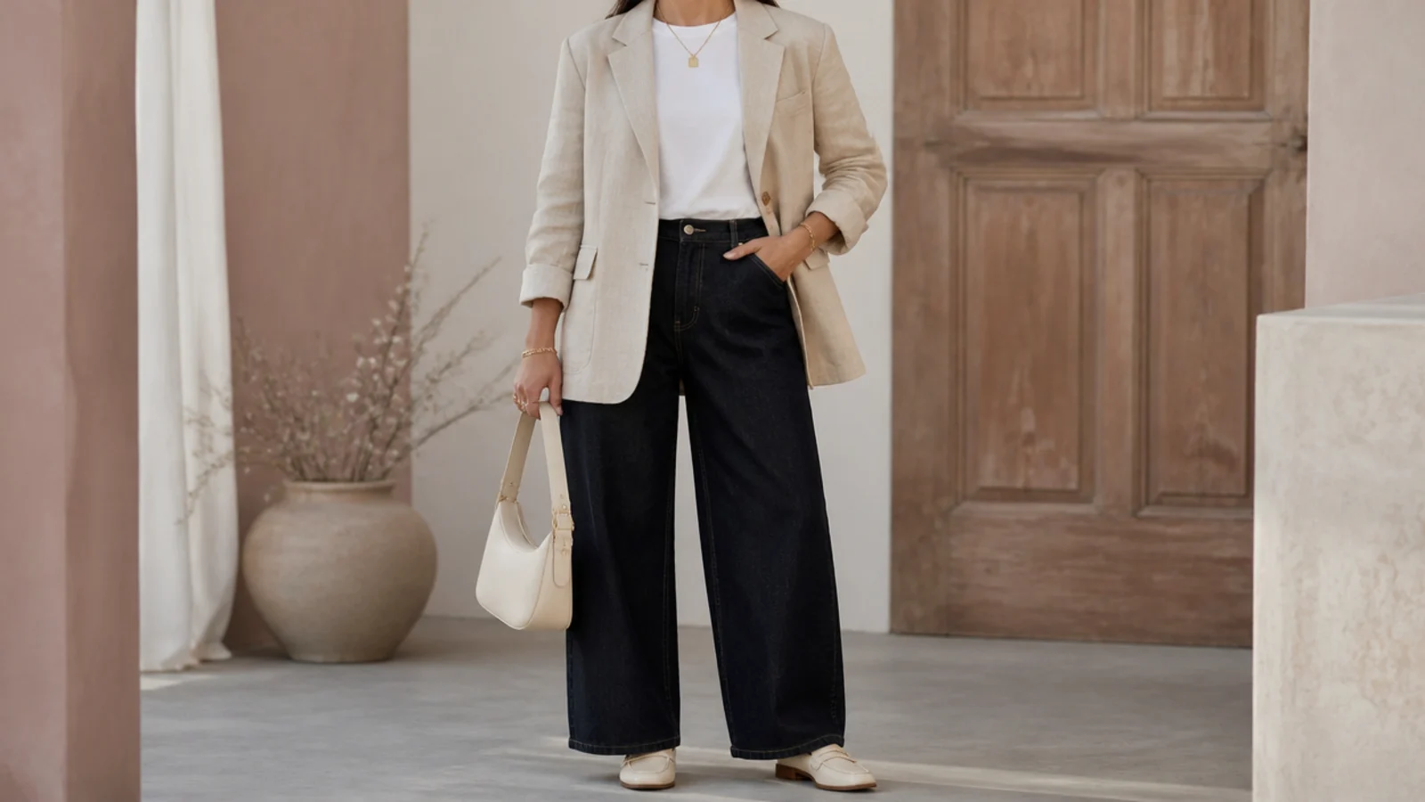 Faceless full-length shot of an oatmeal blazer over a white tee with dark wide-leg jeans and loafers
