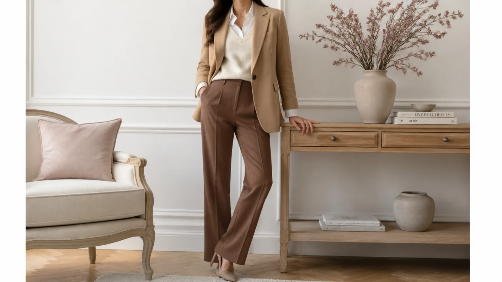 Faceless waist-up shot of a camel blazer over a cream sweater vest and white shirt with brown trousers