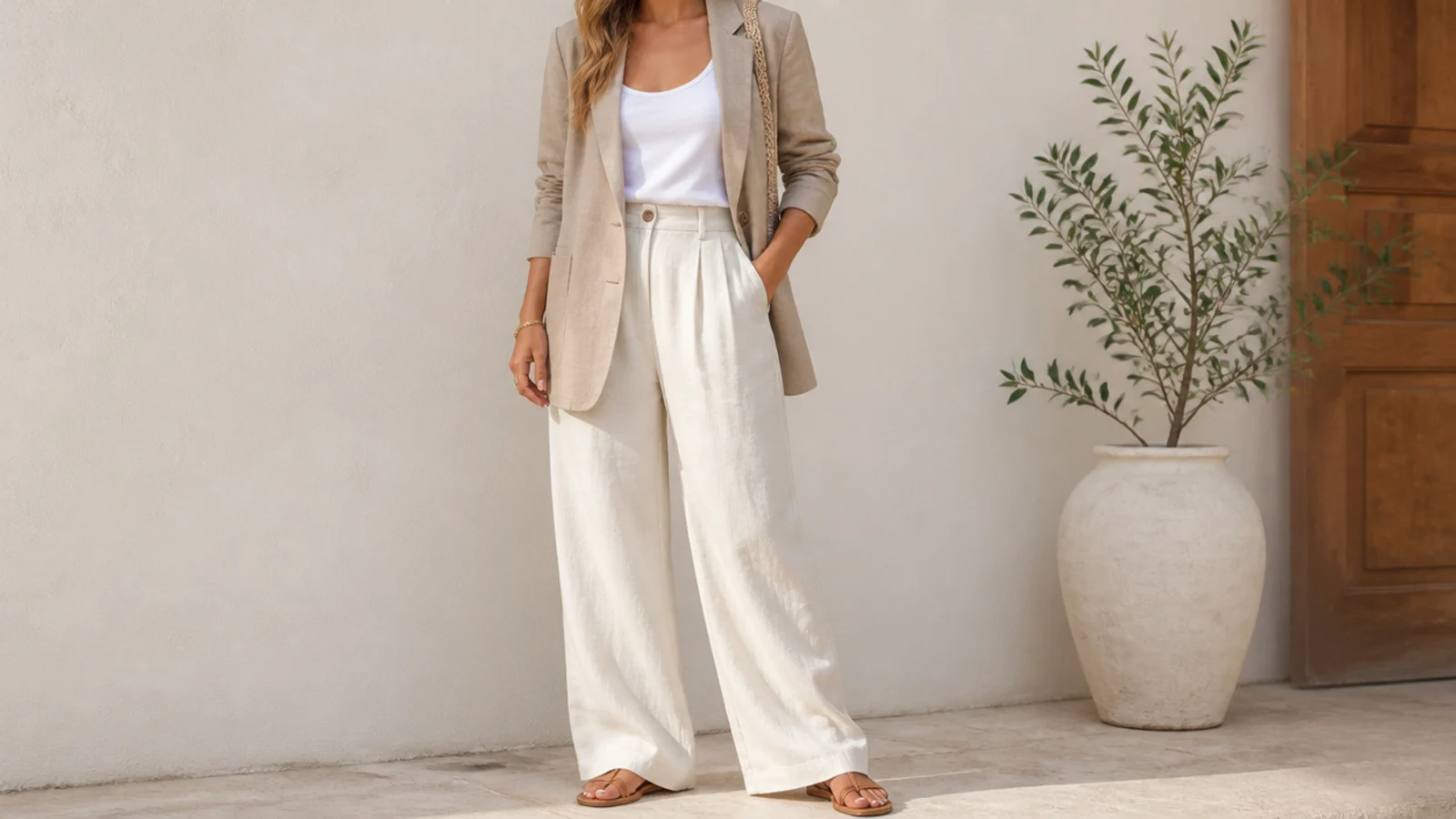 Faceless full-length shot of a sand linen-blend blazer over a white tank with cream linen trousers and flat sandals