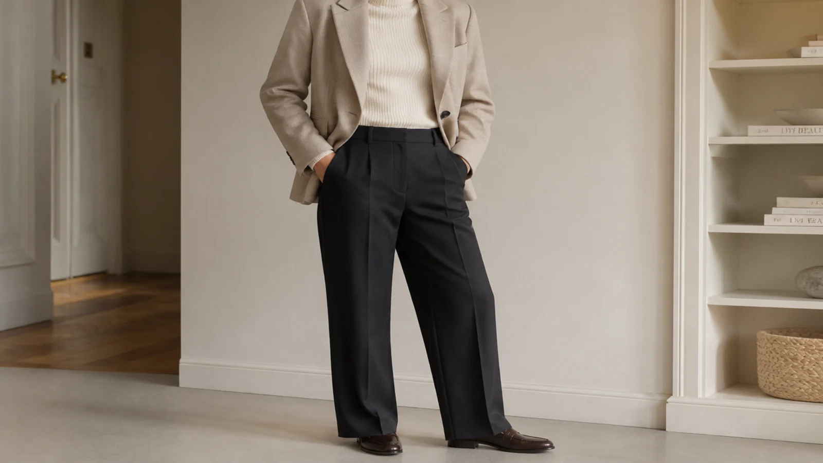 Faceless waist-up shot of an oatmeal wool-blend blazer over a cream roll-neck with charcoal trousers