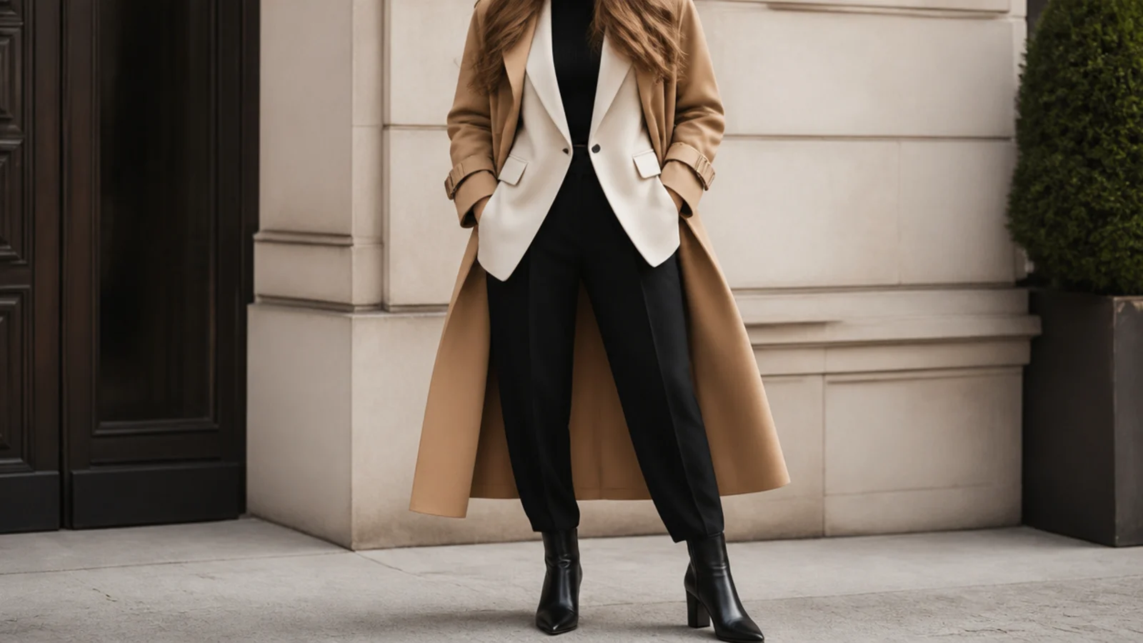 Faceless full-length shot of a beige blazer under an open camel trench coat with black trousers and ankle boots