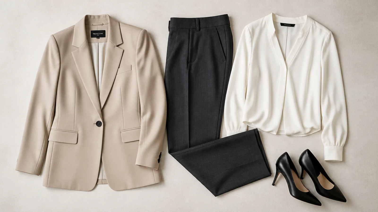 Faceless flat-lay of a beige crepe blazer beside charcoal trousers, a white silk blouse and black pumps for a formal office