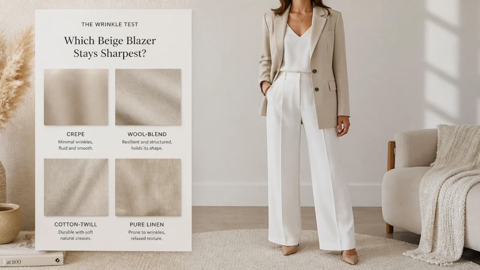 Faceless flat-lay comparing crepe, wool-blend, cotton-twill and pure linen beige blazer swatches for wrinkle resistance