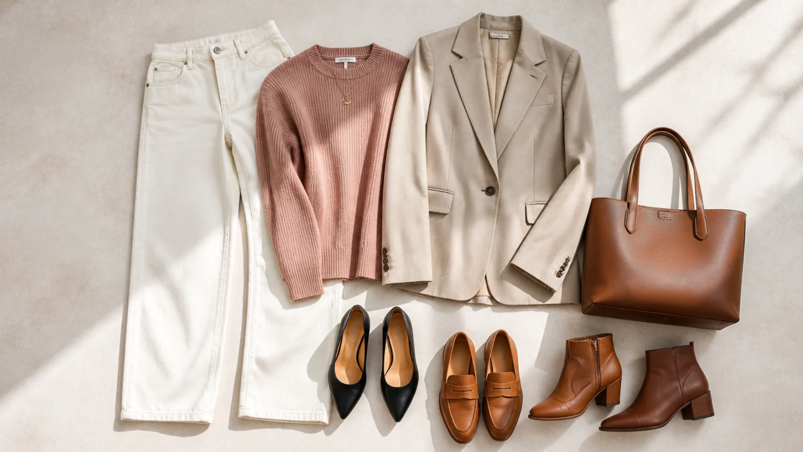 Faceless flat-lay of black pointed pumps, tan loafers, cognac ankle boots and a structured leather tote beside a beige blazer