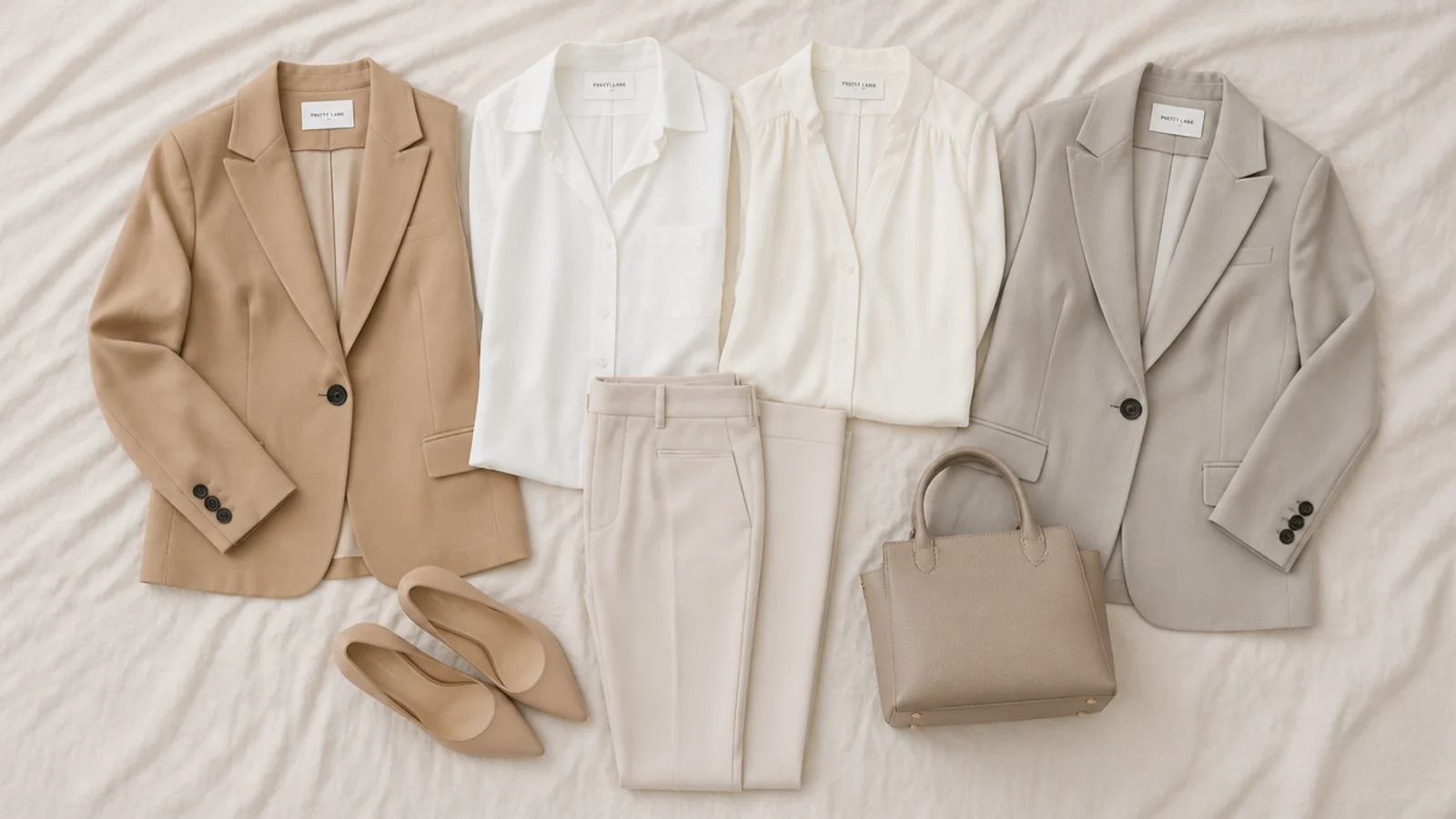 Faceless flat-lay showing warm camel and cool greige beige blazers beside ivory and white blouses for undertone matching