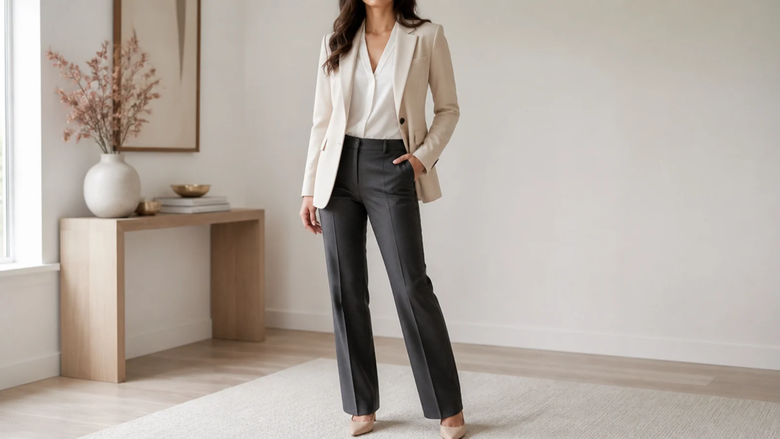 Faceless beige blazer work outfit with an oatmeal blazer, white blouse and charcoal trousers