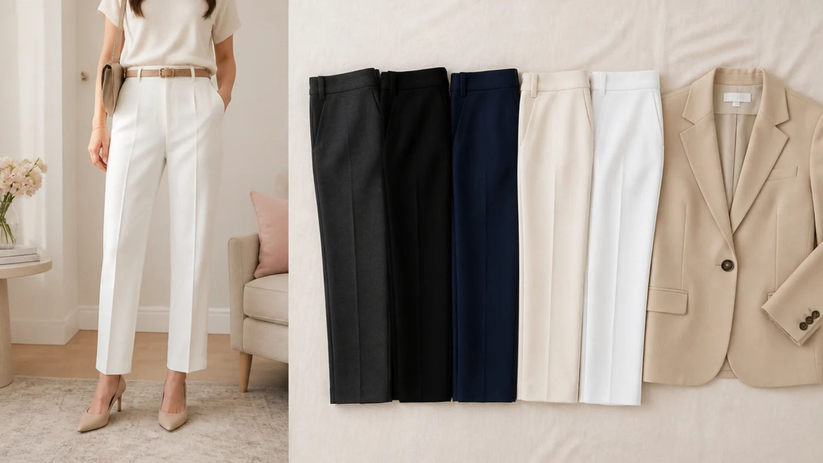 Faceless flat-lay comparing charcoal, black, navy, cream and white trousers laid beside a folded beige blazer