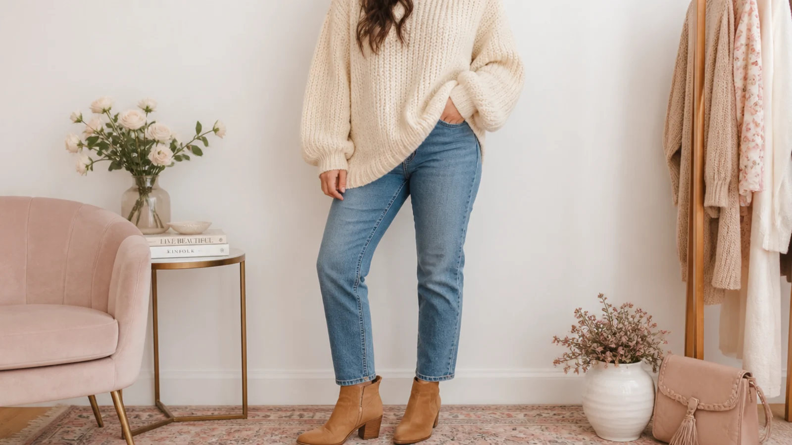 Faceless outfit with an oatmeal chunky knit, mid-blue straight jeans and tan ankle boots