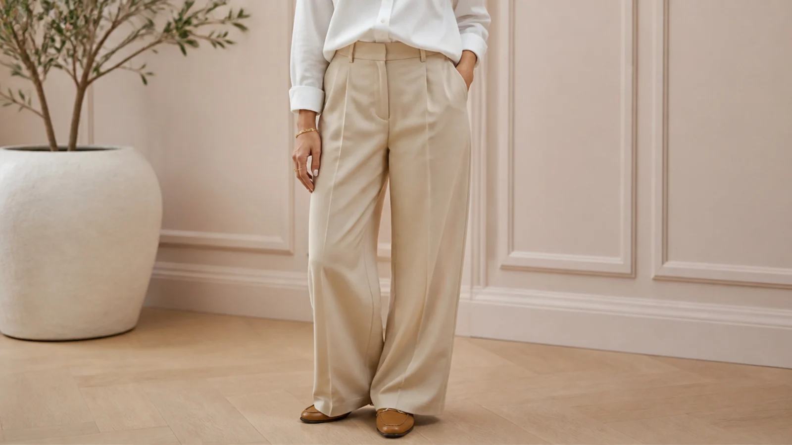 Faceless outfit with a crisp cream poplin shirt tucked into sand wide-leg trousers with tan loafers